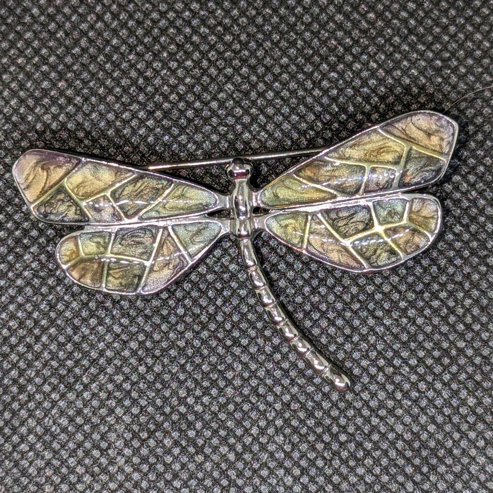Dragonfly brooch, green and silver